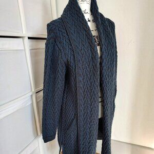 Aran Crafts Long Cardigan XL Sweater Merino Wool Open Front Knit Duster Blue